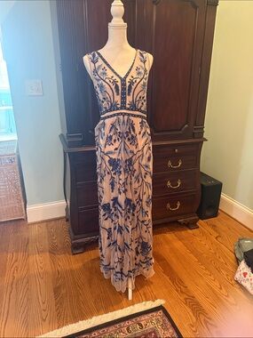 Moulinette Soeurs Beige Maxi Dress with Blue Floral Embroidery